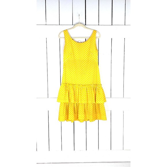 Vintage yellow white polka dot ruffle sleeveless midi dress - Picture 1 of 4